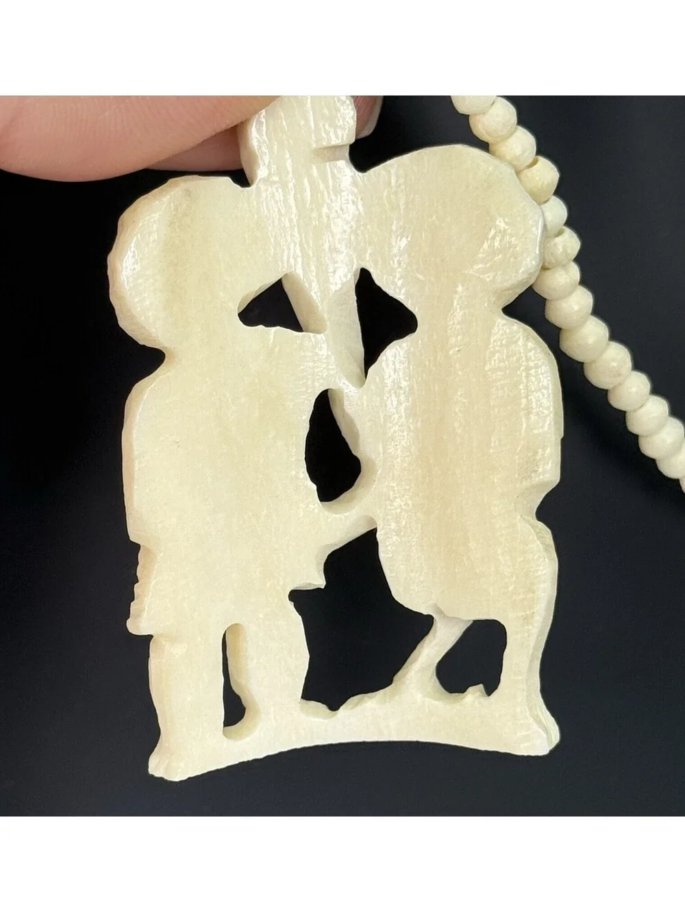 Vintage Hand Carved Tribal Figural Pendant Necklace Beaded Ethnic Folk Art